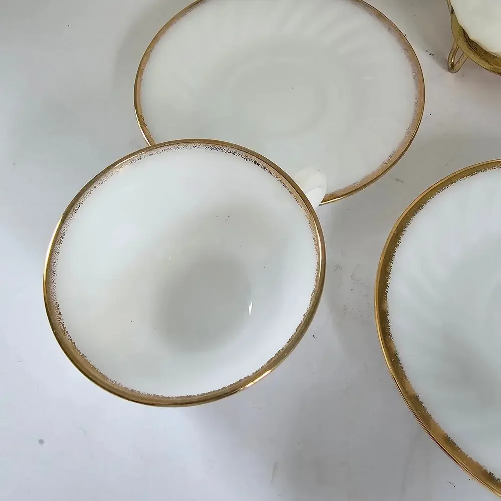 Vintage Fire King Cups Saucers GOLDEN ANNIVERSARY Swirl Gold Rim Set of 4 1950s